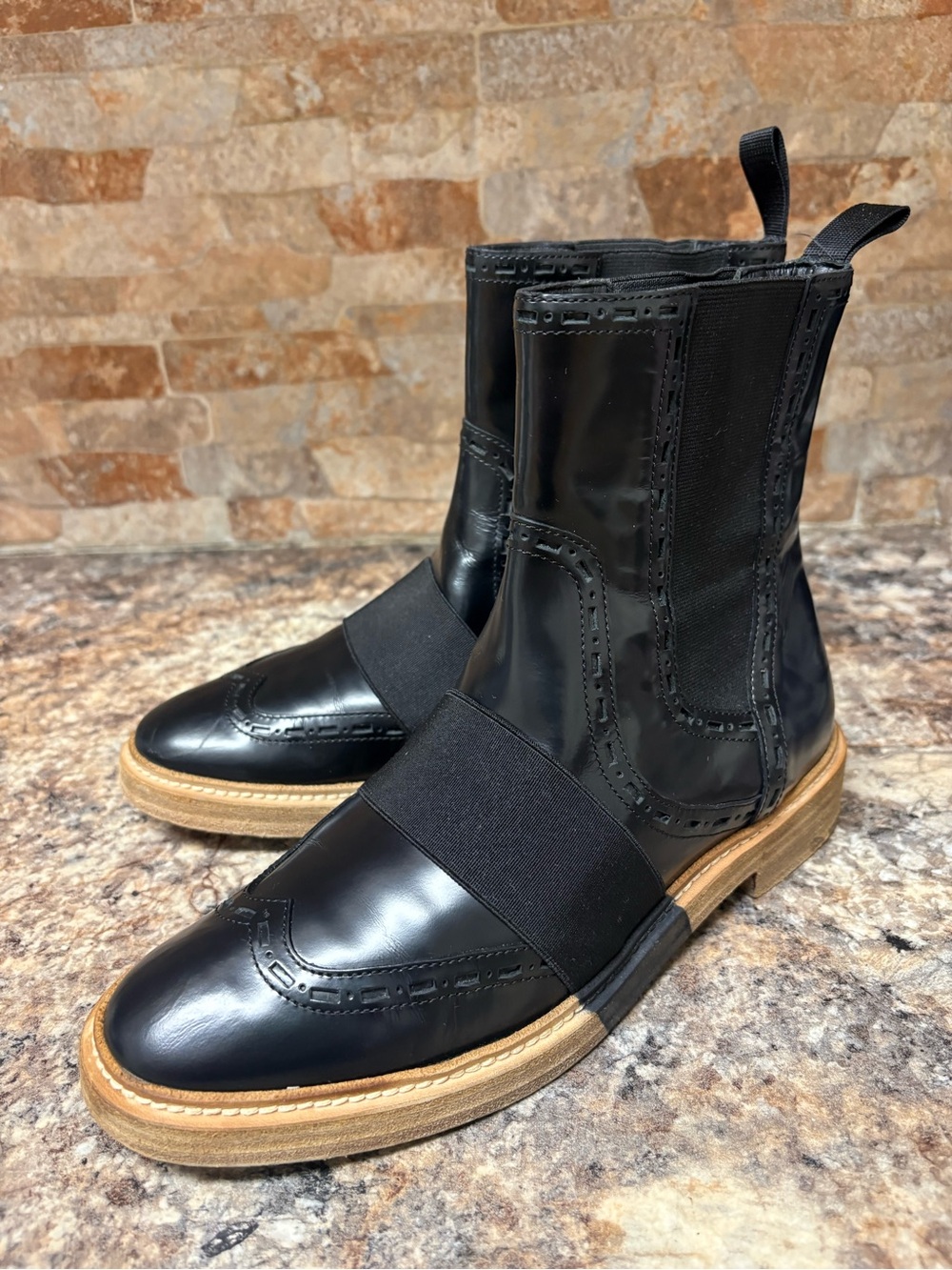 Balenciaga Black Leather Wing tip Chelsea Ankle Boots Size 37.5 US Size 7.5